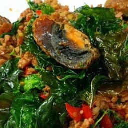 ผัดกะเพราหมูสับไข่เยี่ยวม้า ราดข้าว