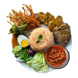 ข้าวคลุกน้ำพริกมะม่วง+ปลาสลิดทอด+ไข่ต้ม