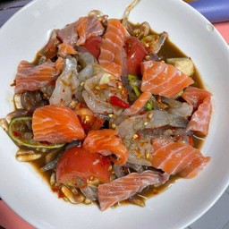 ตำเส้นแก้ว+แซลมอนบราวน์+กุ้งสด