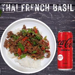 [อร่อยซ่ากับโค้ก] กะเพราเนื้อ ThaiFrench โคขุนคั่วแห้ง 3 พริก +  โค้ก (กระป๋อง)