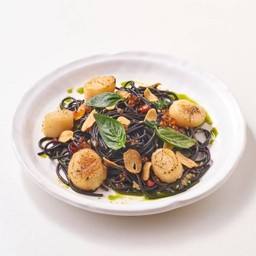 Squid ink Spicy Pasta  with Scallops and Ikura