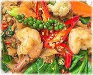 ผัดฉ่าเส้นใหญ่หรือเส้นหมี่หุ้นเลือกเนื้อสัตว์(กุ้ง)(หอยแมงภู่)(หมึก)หอยลาย)