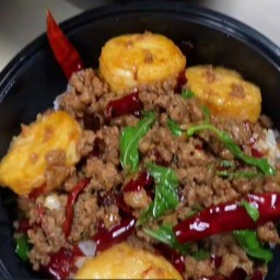 กระเพาเต้าหู้หมูสับ+ฟรีไข่ดาว