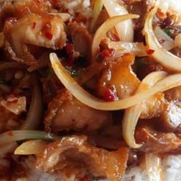 ผัดพริกเผาหมูกรอบราดข้าว