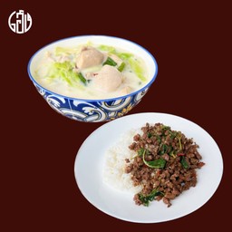 [อร่อยซ่ากับโค้ก] กะเพราเนื้อราดข้าว+ต้มข่าไก่ +  โค้ก ออริจินัล (กระป๋อง)