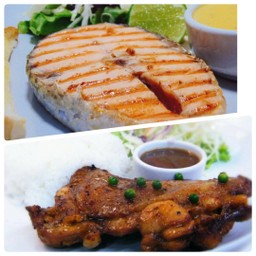 ปลาแซลมอนย่าง+ไก่พริกไทยดำ