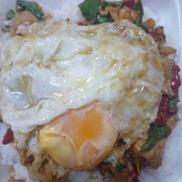 กระเพราโจรหมูชิ้น ไข่ดาว ราดข้าว