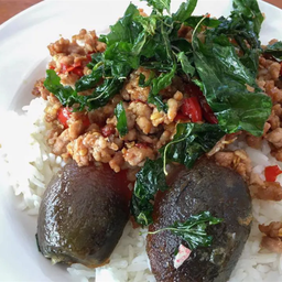 ข้าวกระเพราหมูสับไข่เยี่ยวม้า