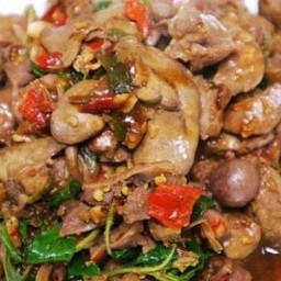 กระเพราะเครื่องในไก่ราดข้าว