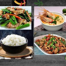 ชุดอิ่มคุ้ม ข้าวสวย+ต้มยำกุ้งแม่น้ำ+กระเพราหมูสับ+คะน้าหมูกรอบ
