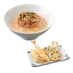 อุด้งหมูซุปสไปซี่ทงคตสึ และ ซุปเปอร์สตาร์เทมปุระ (กุ้ง หอยเชลล์ ปลาหมึก ถั่วแขก รากบัว และเห็ดชิเมจิเทมปุระ)