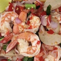ยำน้ำปลาร้าหมูยอ+กุ้งสุก