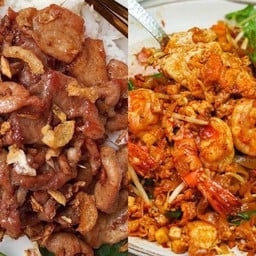 หมูกระเทียม+ผัดไทกุ้งสด