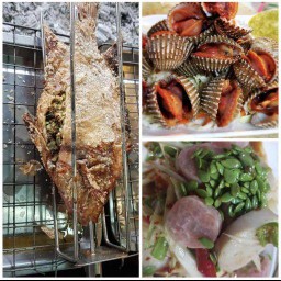 ปลาทับทิมเผา+หอยแครงลวก ฟรี ตำปูปลาร้า