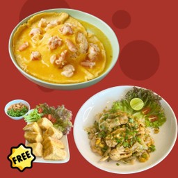 โปร 329 (ข้าวไข่ข้นกุ้ง + ก๋วยเตี๋ยวคั่วไก่ + ฟรี เต้าหู้ทอด)