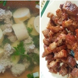 ข้าวราดหมูกรอบคั่วซอสโชยุ + แกงจืดเต้าหู้หมูสับถ้วยเล็ก
