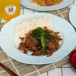 ข้าวไข่เยี่ยวม้ากะเพรากรอบ /เนื้อสับ