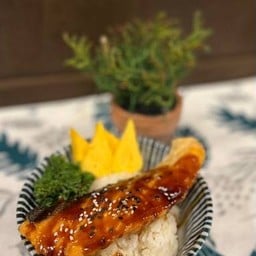 ข้าวหน้าปลาแซลมอนเทอริยากิ  + ซุปมิโสะ