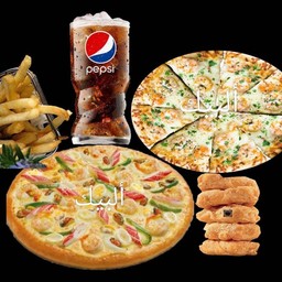 Set ครอบครัว พิซซ่าซีฟู๊ดชีสส พิซซ่ากุ้งชีสส นักเก็ต เฟนรช์ฟราย เป็ปซี่