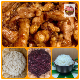 โปรลองชิม! อิ่มอร่อย (1) [หมูทอด+ข้าวเหนียวขาว,ข้าวเหนียวดำ,ข้าวสวย](เมนูข้าวเลือกได้1อย่าง)