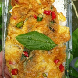 ข้าวไข่เจียวโหระพาพริกสด+น้ำปลาพริก