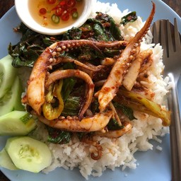 พริกแกงปลาหมึกราดข้าว