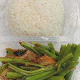 Stir Fried Morning Glory With Crispy Pork And Shrimp Paste On Rice