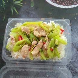 ผัดพริกอ่อนราดข้าว ใส่ไก่ หรือหมู