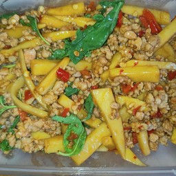Stir Fried Basil With Bamboo Shoots And Minced Pork On Rice