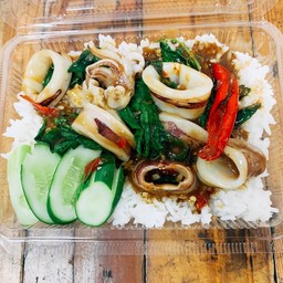 กะเพราปลาหมึก หรือ กุ้ง ราดข้าว