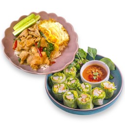 ข้าวกระเพรา + แหนมเนืองโรล