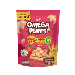 Omega Puffs 25 กรัม สตรอเบอร์รี่ 1 ซอง ราคา 39 บาท
