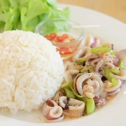 ข้าวปลาหมึกผัดพริกหยวก