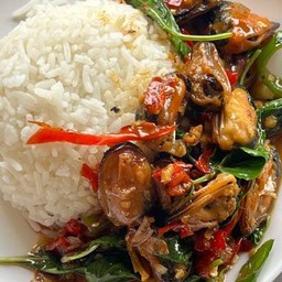 ข้าวราดผัดพริกสดหอยแมลงภู่