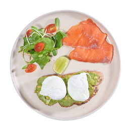 B16 Avocado Salmon & Poached Eggs on Toast ขนมปังหน้าอโวคาโด้ ไข่ดาวน้ำ แซลมอน