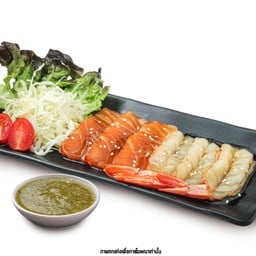 ซาชิมิแซลมอนกุ้งอากะเอบิดองซีอิ๊วญี่ปุ่น