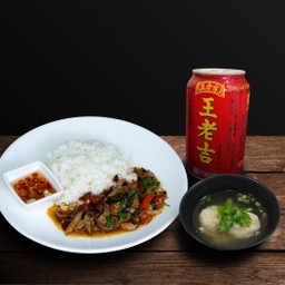 SET ข้าวกะเพราเป็ดย่าง + เกี๊ยวน้ำ + น้ำหวังเหล่าจี๋