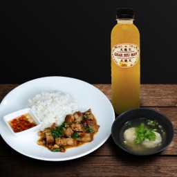 SET ข้าวกะเพราหมูกรอบ + เกี๊ยวน้ำ + น้ำเก๊กฮวย