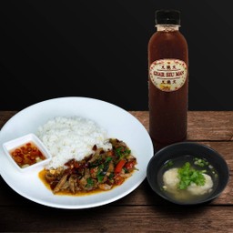 SET ข้าวกะเพราเป็ดย่าง + เกี๊ยวน้ำ + ชาดอกไม้ 5 อย่าง