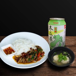 SET ข้าวกะเพราเป็ดย่าง + เกี๊ยวน้ำ + น้ำฟัก