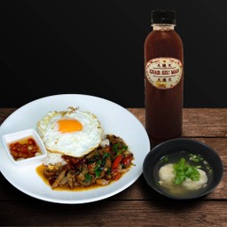 SET ข้าวกะเพราเป็ดย่างไข่ดาว + เกี๊ยวน้ำ + ชาดอกไม้ 5 อย่าง