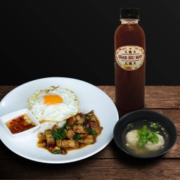 SET ข้าวกะเพราหมูกรอบไข่ดาว + เกี๊ยวน้ำ + ชาดอกไม้ 5 อย่าง