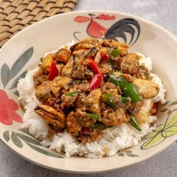 หอยแมลงภู่ผัดพริกเกลือ (ราดข้าว)