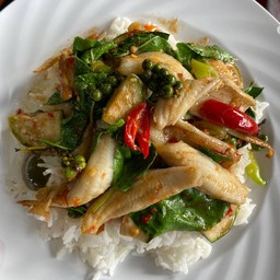 ข้าวราดผัดฉ่าปลาเห็ดโคน