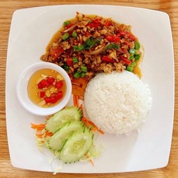 ผัดกระเพราหมูสับราดข้าว