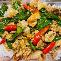 ข้าวราดผัดพริกเเกงไก่สับใบโหระพา