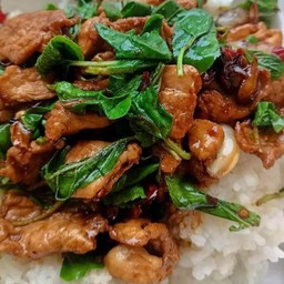 กะเพราหมูกรอบหนองผึ้ง