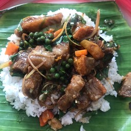 หมูกรอบผัดฉ่าราดข้าว