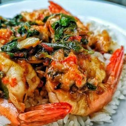 กระเพรากุ้งราดข้าว