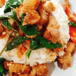 กระเพราหมูกรอบราดข้าว